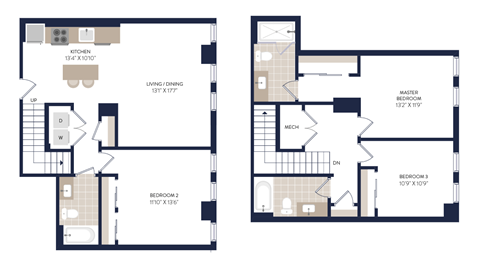 Floor plan for 3 beds, 2 baths, 1264 sqft